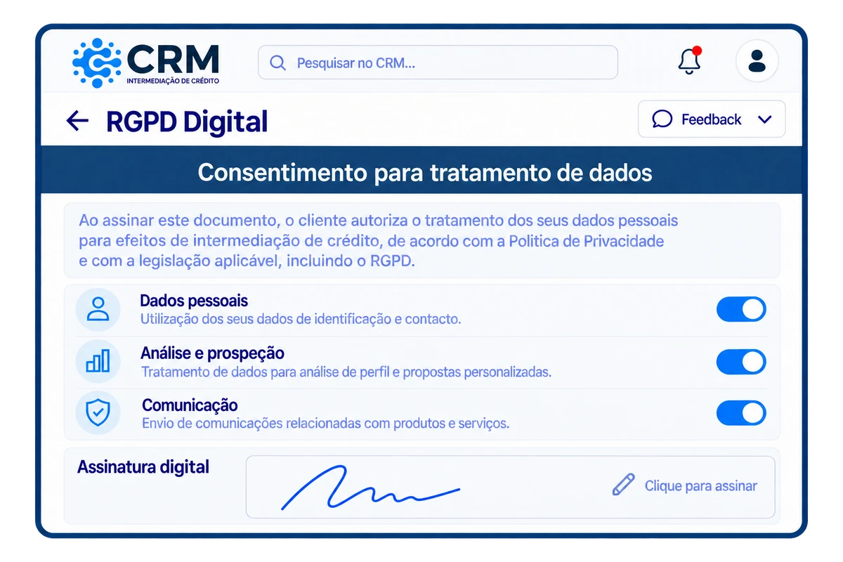 Assinatura digital do consentimento RGPD no CRM Crédito