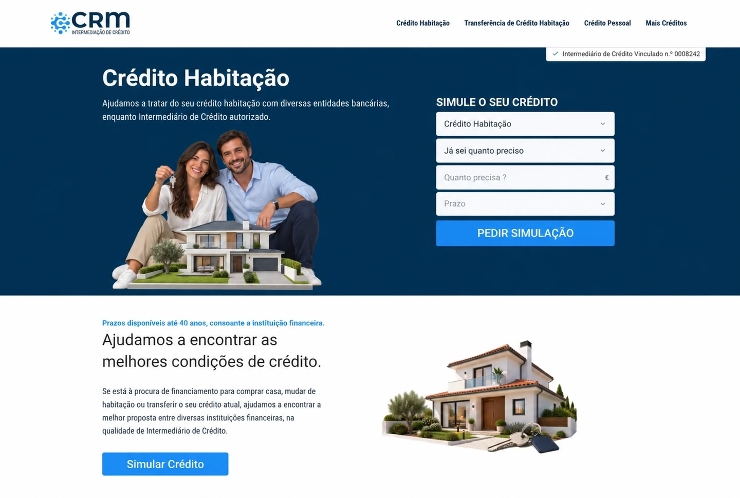 Exemplo da landing page de Crédito Habitação do CRM Crédito, com formulário de simulação
