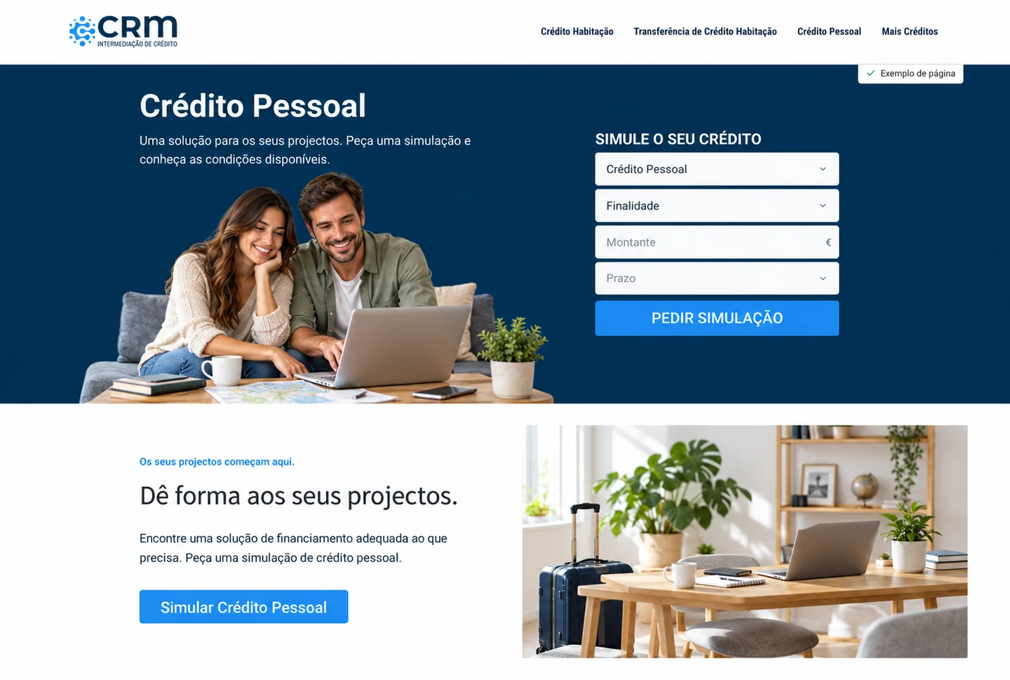 Exemplo da landing page de Crédito Pessoal do CRM Crédito, com formulário de simulação