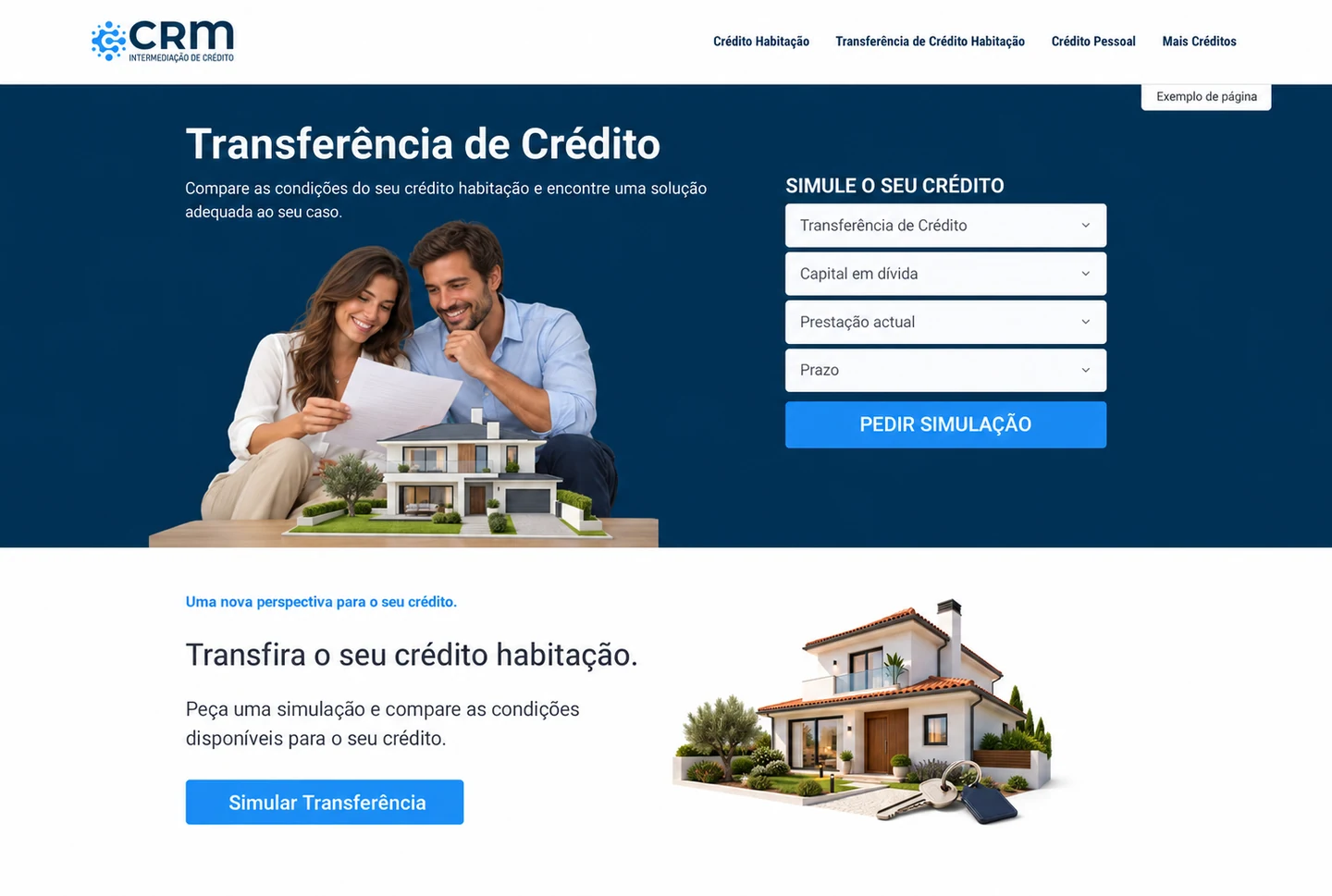 Exemplo da landing page de Transferência de Crédito do CRM Crédito, com formulário de simulação