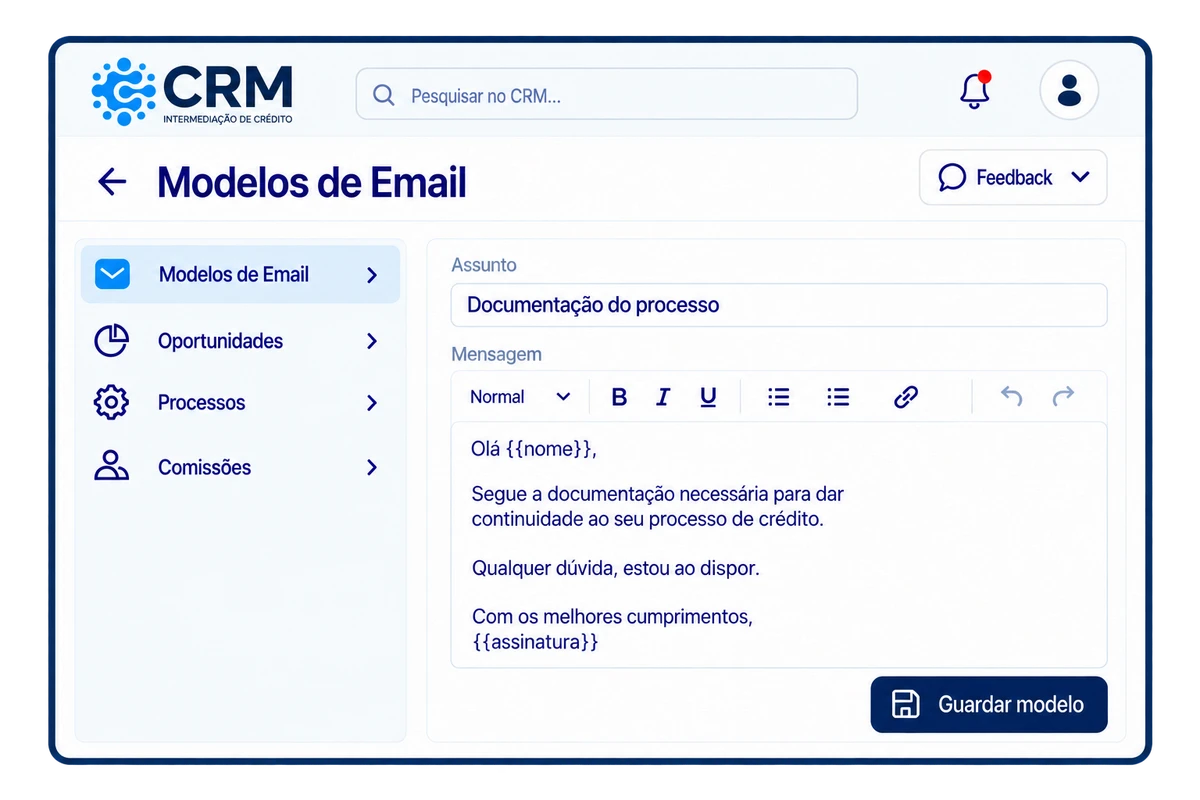 Ilustração da criação de modelos de email no CRM Crédito