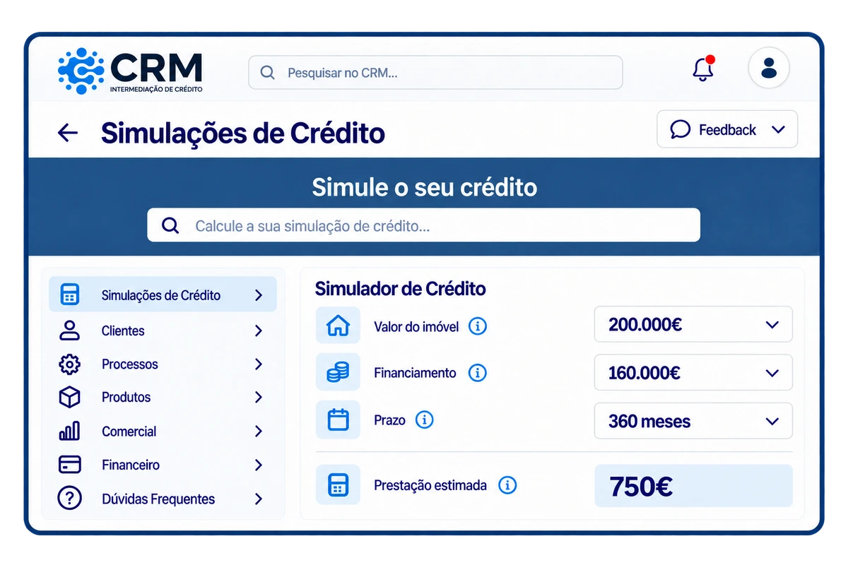 Simulador do CRM Crédito com montante, prazo e prestação estimada