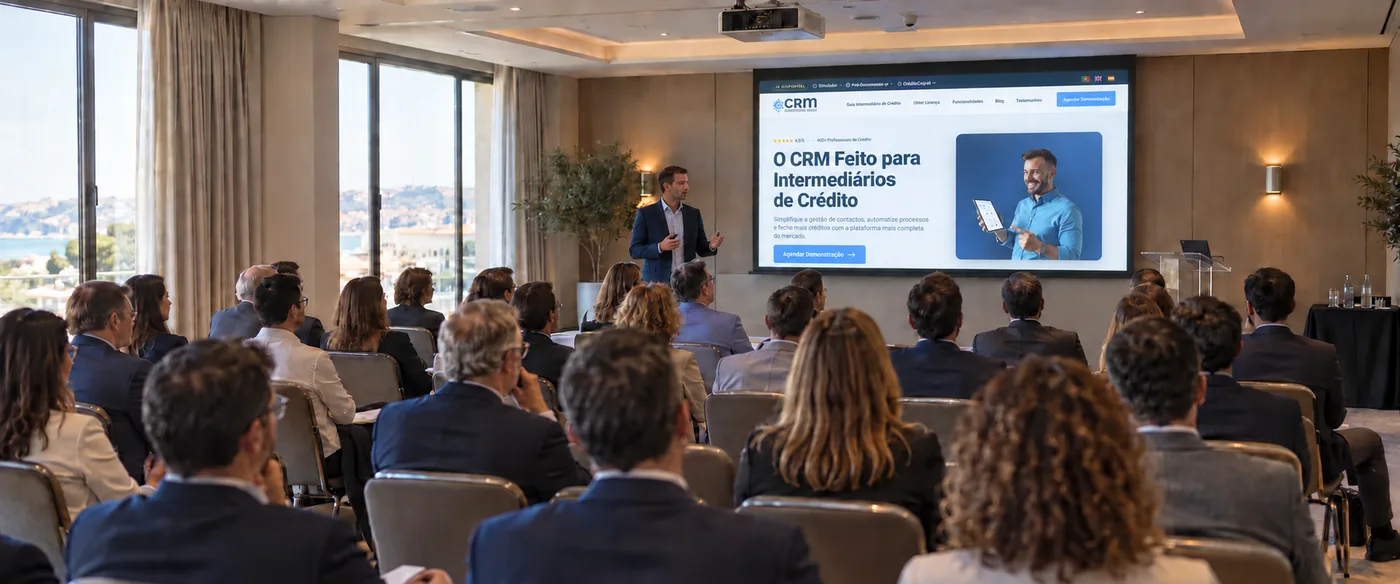 Ilustração de uma conferência com apresentação do CRM Crédito